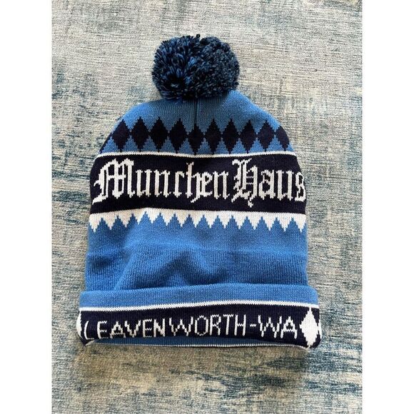 Munchen Haus Leavenworth Washington Blue Black Beanie Pom Hat One Size - Picture 2 of 5